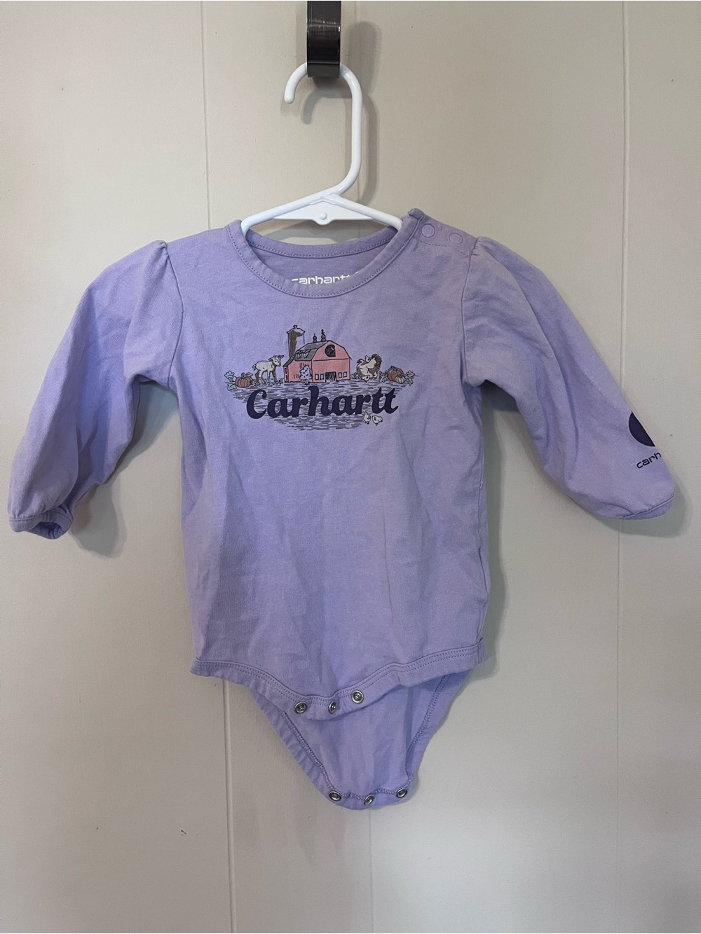 Carhartt Lavender Long-Sleeve Baby Onesie with Farm Graphic